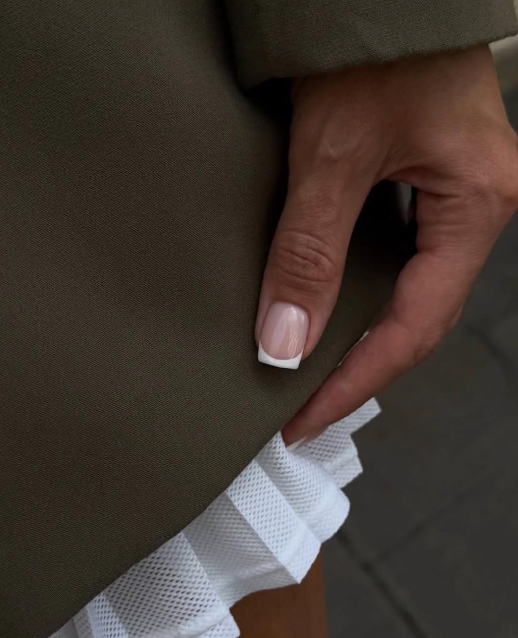 Luxury e-file Russian manicure in Kent, WA featuring elegant French nails, builder gel overlay, hard gel reinforcement, precision cuticle work, healthy natural nails, long-lasting wear, and premium nail artistry. Serving Seattle, Bellevue, Renton, Auburn, Covington, and the surrounding areas.